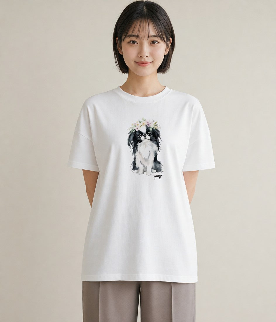 半袖Tシャツ レディース 狆 犬 いぬ イラスト ゆるコーデ ホワイトデー 春服 白T