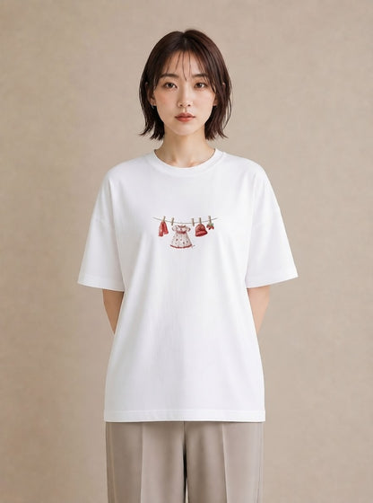 半袖Tシャツ レディース 洗濯物 風 ナチュラル アンティーク イラスト 抜け感 友達ギフト 部屋着 白T