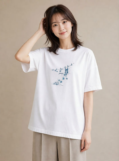 グラフィックTシャツ レディース 洗濯物 風 ナチュラル アンティーク イラスト こなれ感 夏コーデ 通学 白T