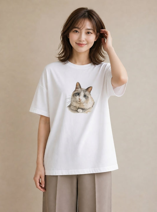 グラフィックTシャツ レディース 靴下猫 猫 ねこ イラスト カフェコーデ 在宅 公園 白T