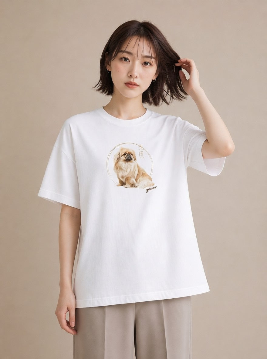 グラフィックTシャツ レディース 狆 犬 いぬ イラスト 20代 カジュアルコーデ 白T