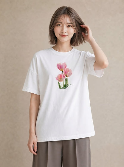 半袖Tシャツ レディース チューリップ 花 花柄 イラスト こなれ感 クリスマス 旅行 白T