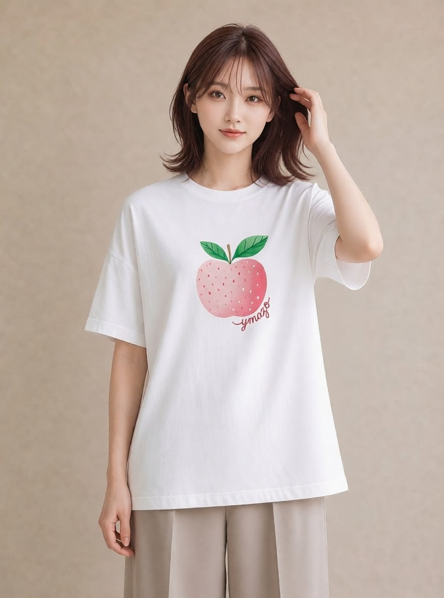 プリントTシャツ レディース もも 食べ物 フード イラスト フェミニン ラフ レイヤード 白T