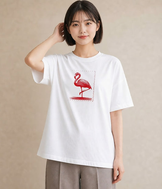 デザインTシャツ レディース フラミンゴ 動物 アニマル イラスト 上品 買い物 夏コーデ 白T