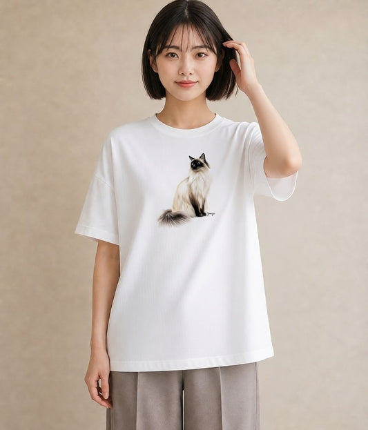 デザインTシャツ レディース ぶち猫 猫 ねこ イラスト ニュアンス カフェ服 クリスマス 白T