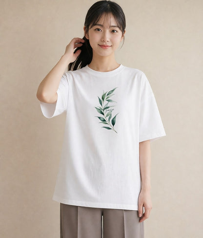 デザインTシャツ レディース シダ 植物 ボタニカル イラスト 抜け感 綿100 デート 白T