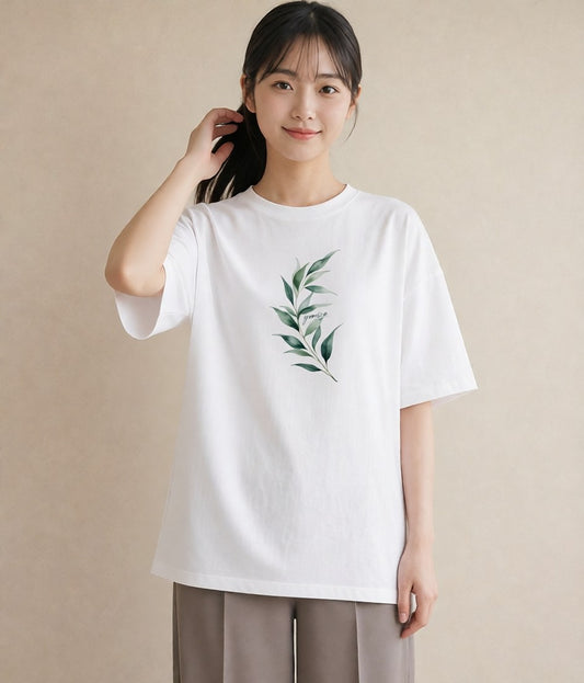 デザインTシャツ レディース シダ 植物 ボタニカル イラスト 抜け感 綿100 デート 白T