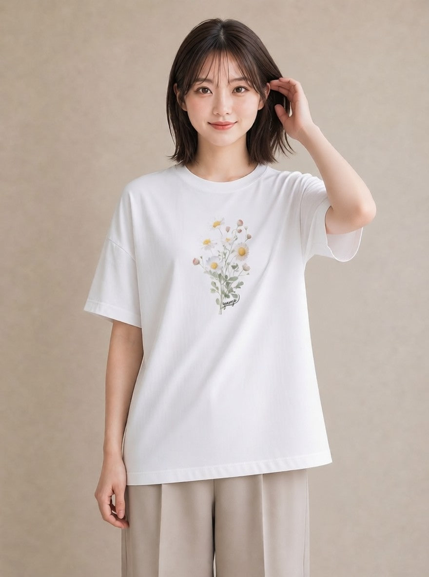 グラフィックTシャツ レディース マーガレット 花 花柄 イラスト きれいめ 公園 ママ 白T