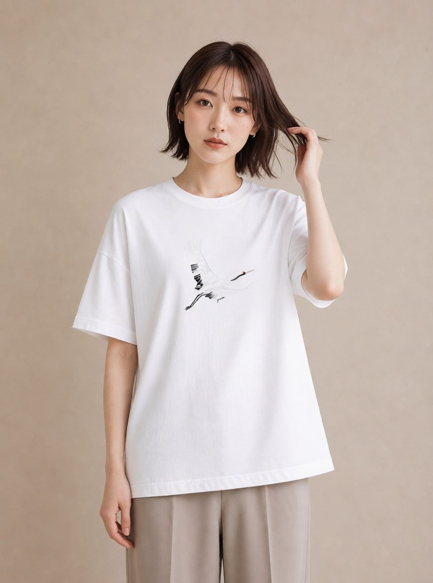 グラフィックTシャツ レディース 折り鶴 折り紙 ナチュラル アンティーク イラスト 個性的 ラフ レイヤード 白T