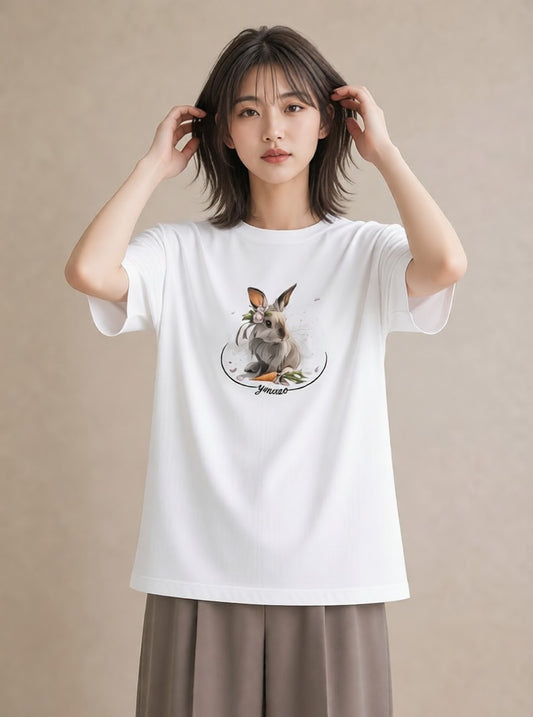 プリントTシャツ レディース うさぎ ウサギ ラビット ペット 動物 イラスト 韓国風 春服 ミセス 白T