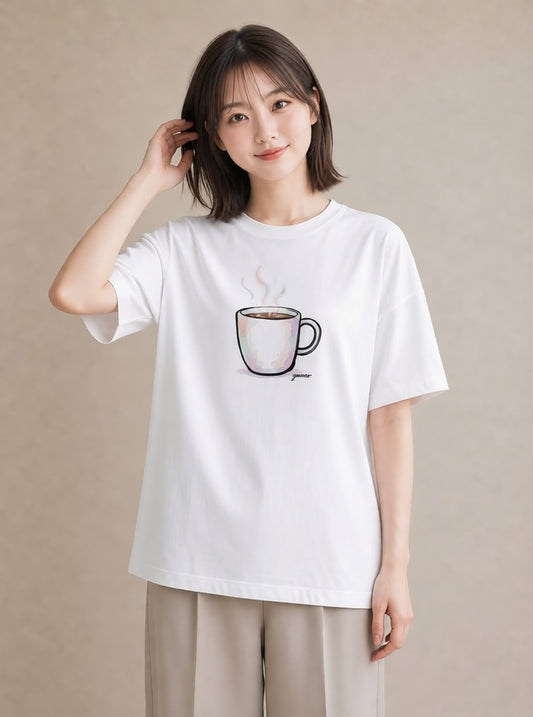 プリントTシャツ レディース コーヒー カフェ 珈琲 イラスト こなれ感 ペアコーデ 秋コーデ 白T