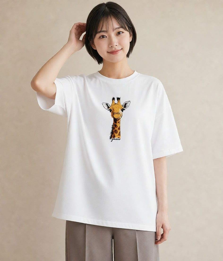 Tシャツ レディース きりん 動物 アニマル イラスト ヴィンテージ風 春服 ミセス 白T