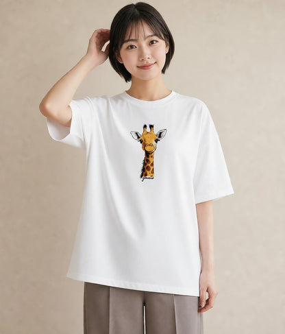 Tシャツ レディース きりん 動物 アニマル イラスト ヴィンテージ風 春服 ミセス 白T