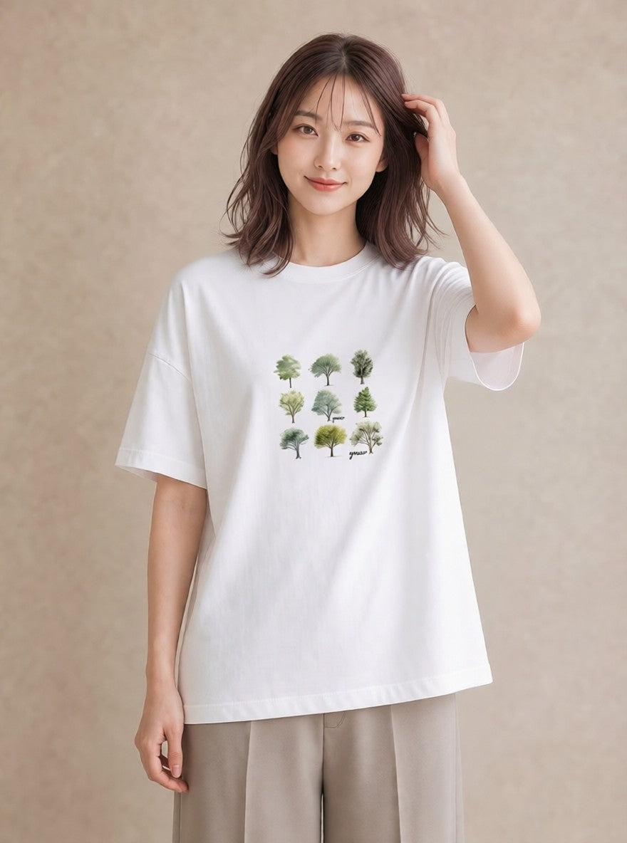 Tシャツ レディース 木 植物 ボタニカル イラスト カフェコーデ 在宅 公園 白T