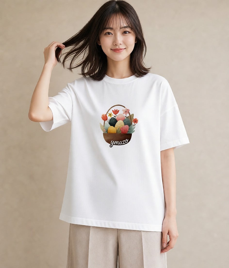 プリントTシャツ レディース 自転車のかご 自転車 花かご ナチュラル アンティーク イラスト 個性的 自分用 ルームウェア 白T