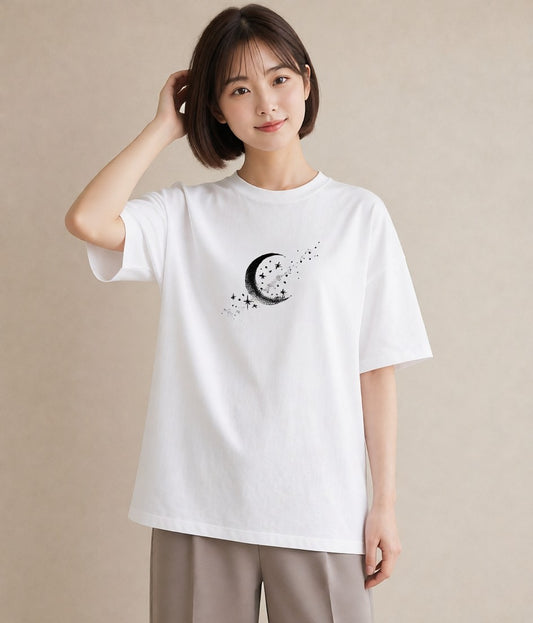 プリントTシャツ レディース 月と星 星空 ムーン イラスト カフェ巡り 女子会 白T