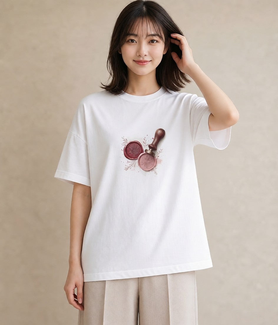 プリントTシャツ レディース 封蝋 手紙 アンティーク ナチュラル イラスト 水彩風 海 カフェ巡り 白T