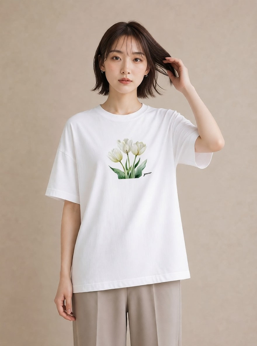 デザインTシャツ レディース チューリップ 花 花柄 イラスト 敬老の日 ホワイトデー 白T