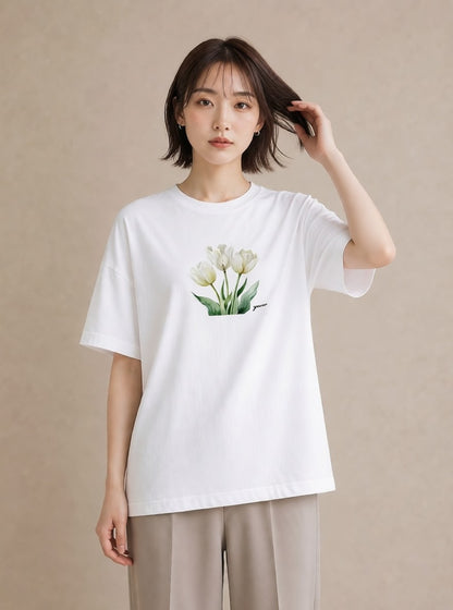 デザインTシャツ レディース チューリップ 花 花柄 イラスト 敬老の日 ホワイトデー 白T