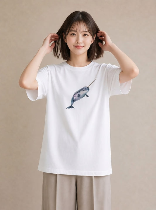 デザインTシャツ レディース イカ 海の生き物 海 イラスト 手描き風 カフェ巡り 白T