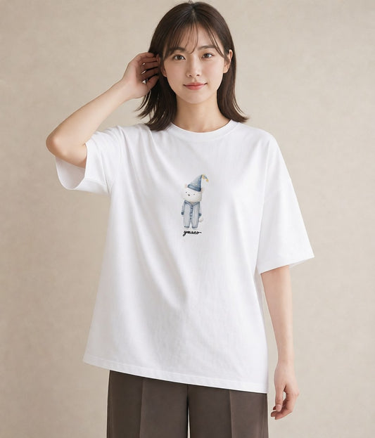 半袖Tシャツ レディース しっぽ 猫 ねこ イラスト きれいめカジュアル 夏コーデ 通学 白T