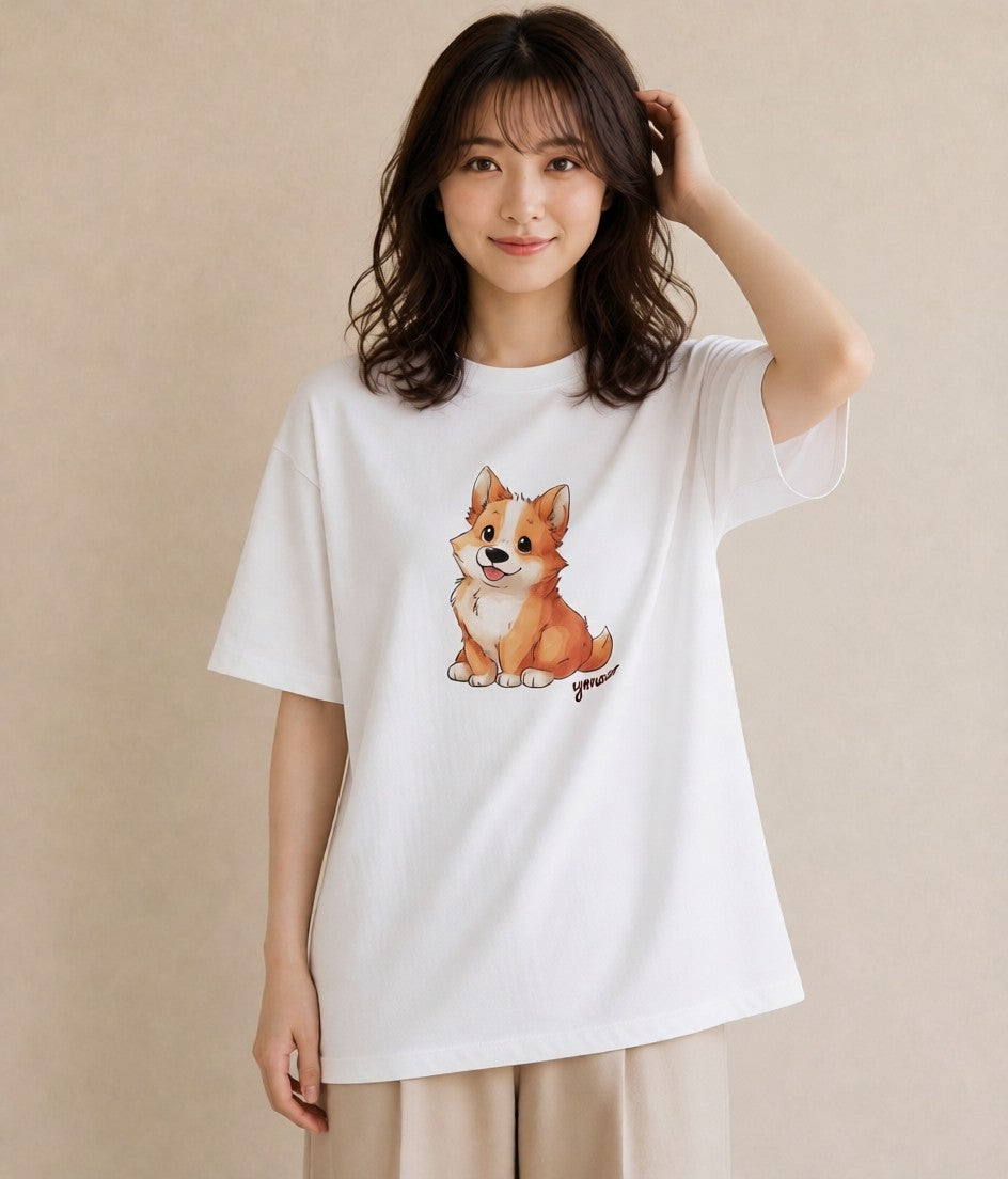 半袖Tシャツ レディース ウェルシュコーギー コーギー 犬 いぬ イラスト 女性向けギフト 散歩 白T