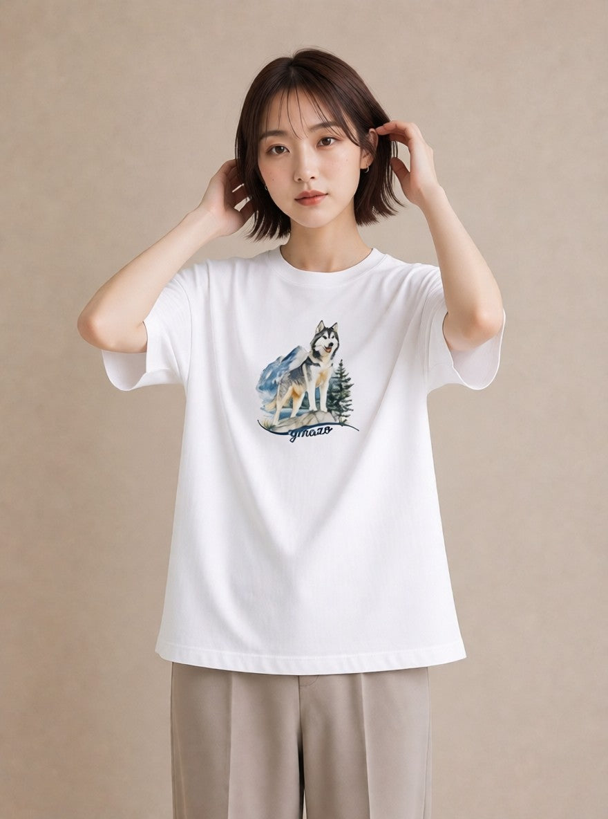 Tシャツ レディース シベリアンハスキー 犬 いぬ イラスト モード 綿100 デート 白T