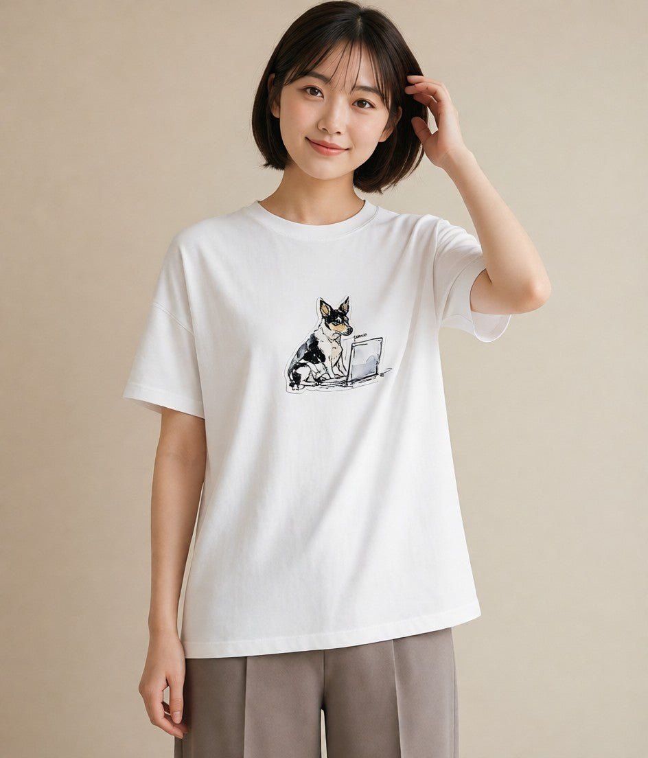 デザインTシャツ レディース 犬 いぬ イラスト 個性的 通勤 在宅 白T