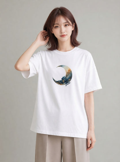 グラフィックTシャツ レディース 青の水彩 風景 ブルー ナチュラル アンティーク イラスト ゆるコーデ 自分用 ルームウェア 白T