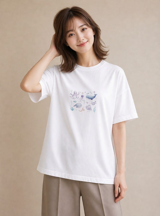 グラフィックTシャツ レディース クジラ 海の生き物 海 イラスト 休日 ペアコーデ 白T