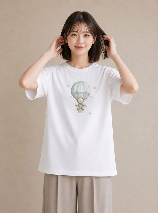 半袖Tシャツ レディース 気球 星空 宇宙 イラスト 水彩風 20代 カジュアルコーデ 白T