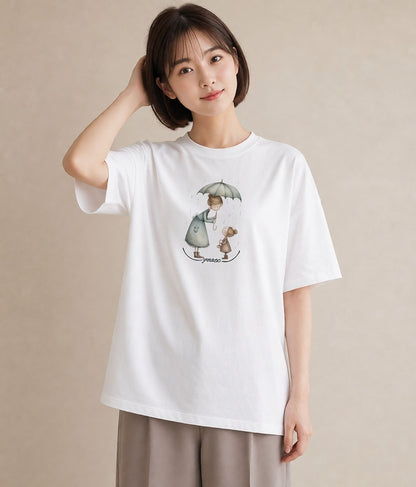 プリントTシャツ レディース 傘 水たまり 雨 ナチュラル アンティーク イラスト カフェコーデ ルームウェア ギフト 白T