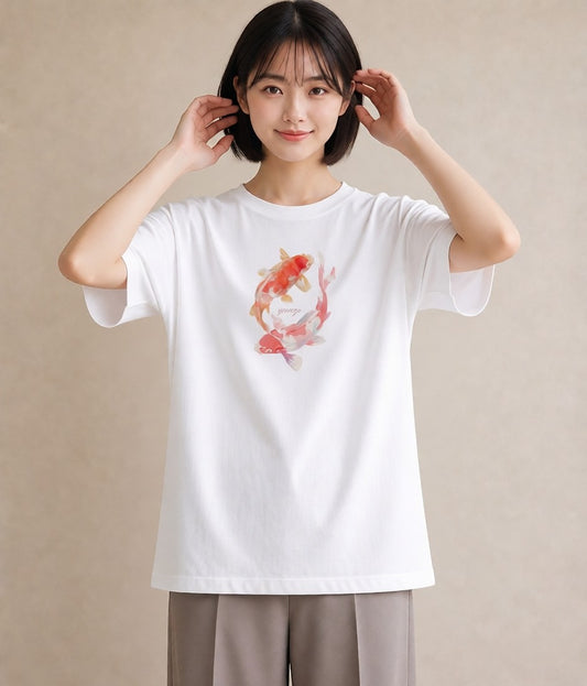 プリントTシャツ レディース 出目金 ペット 動物 イラスト フェミニン 綿100 デート 白T