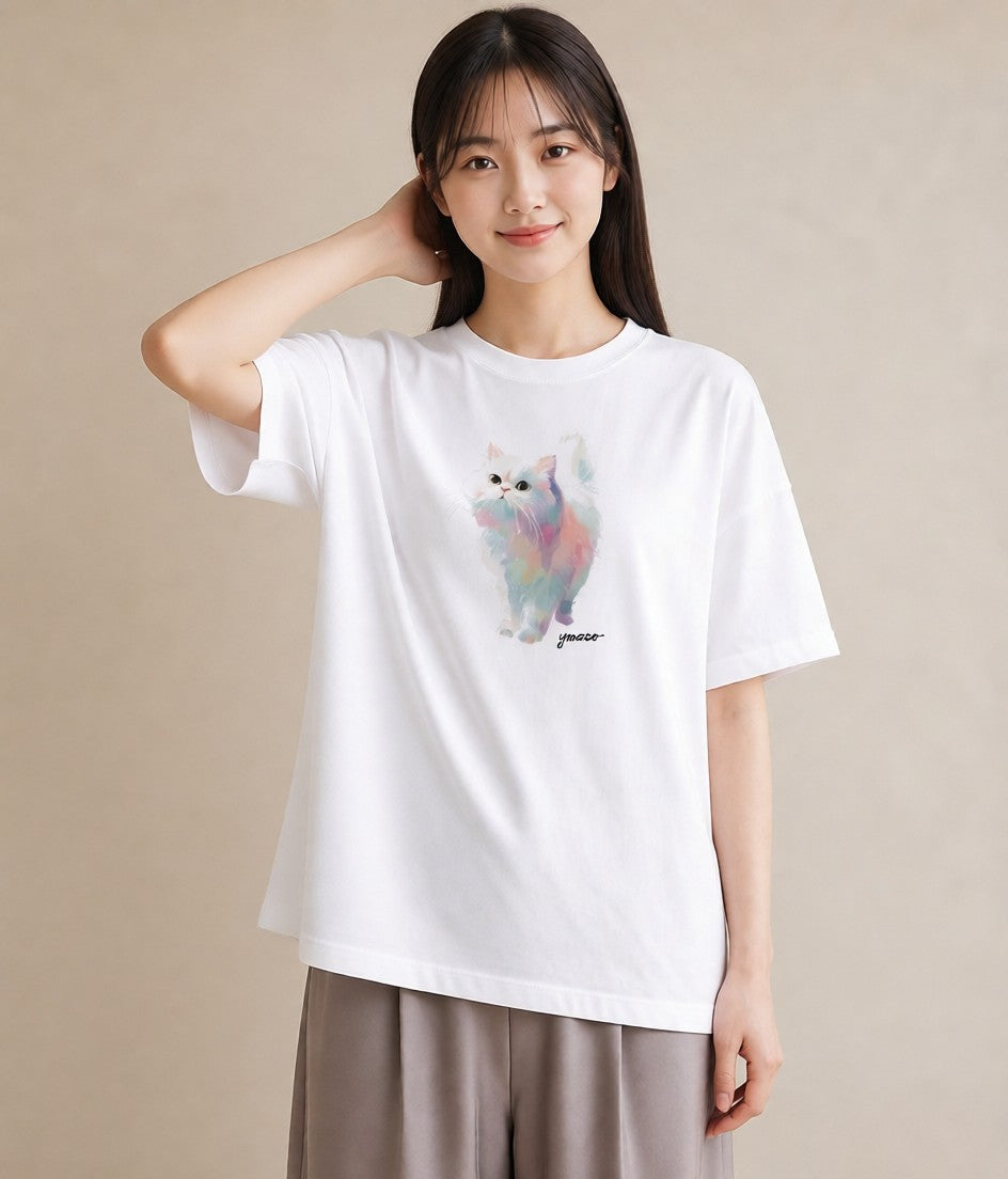 Tシャツ レディース メインクーン 猫 ねこ イラスト 水彩風 20代 カジュアルコーデ 白T