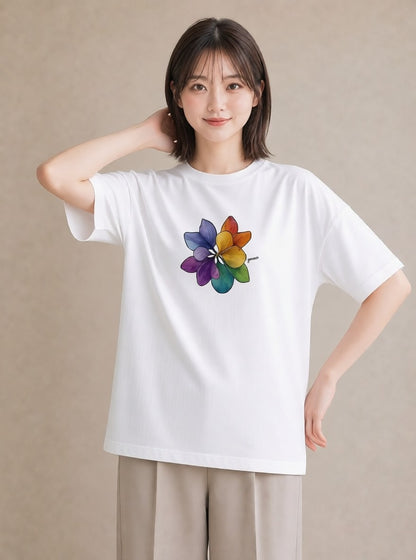 半袖Tシャツ レディース 扇子 そよ風 ナチュラル アンティーク イラスト ニュアンス 在宅 公園 白T
