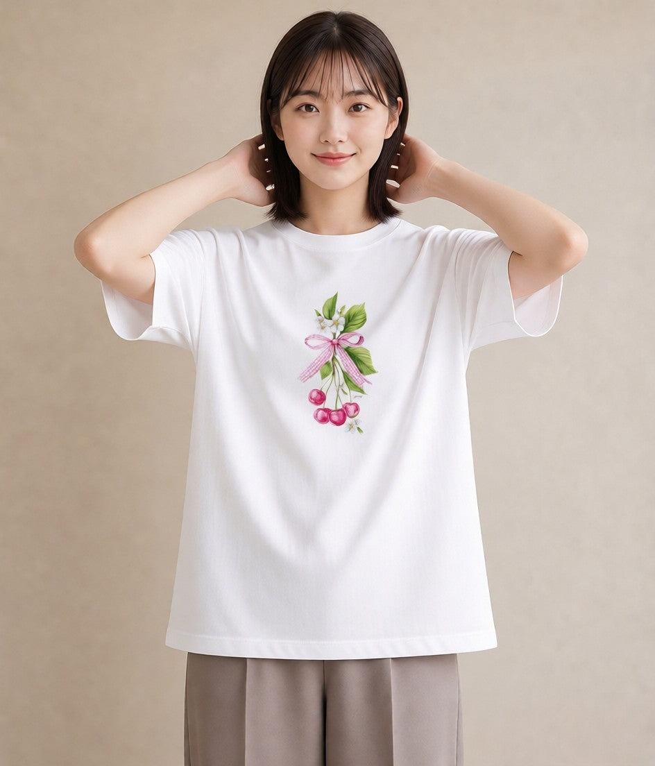 デザインTシャツ レディース さくらんぼ チェリー 食べ物 フード イラスト レトロ 自分用 ルームウェア 白T