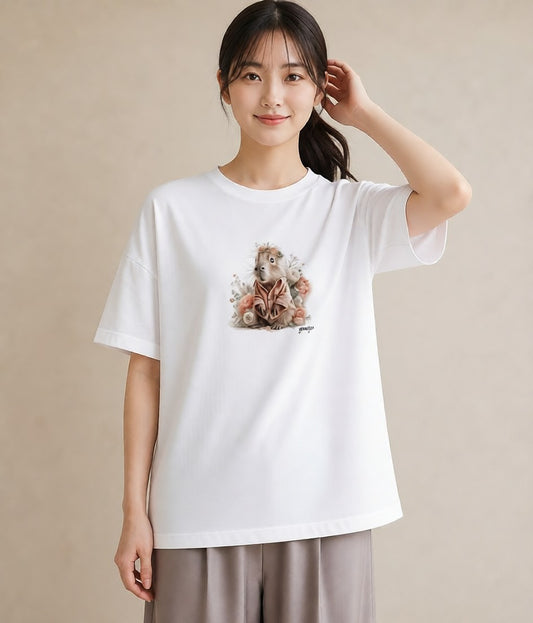 半袖Tシャツ レディース ジャンガリアンハムスター ペット 動物 イラスト 可愛い 公園 ママ 白T