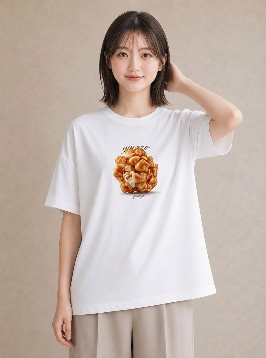 デザインTシャツ レディース ポップコーン 食べ物 フード イラスト きれいめカジュアル 在宅 公園 白T
