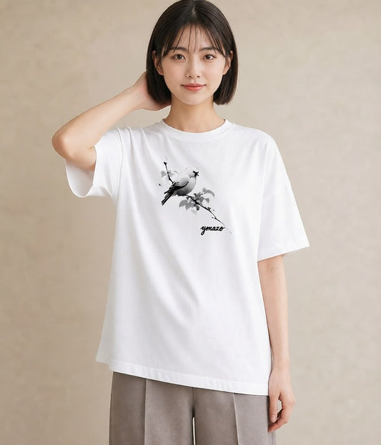 グラフィックTシャツ レディース 遠い家と鳥 風景 鳥 ナチュラル アンティーク イラスト アート風 旅行 母娘コーデ 白T