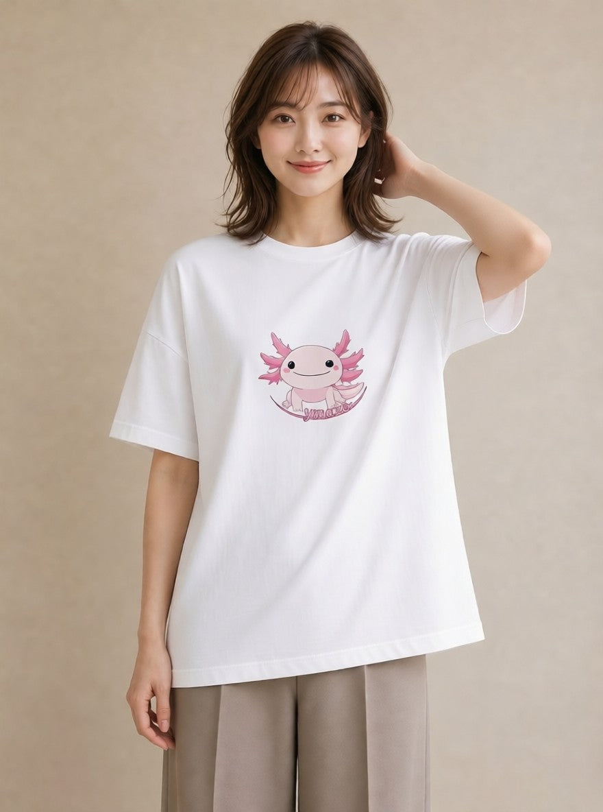 デザインTシャツ レディース ウーパールーパー ペット 動物 イラスト レトロ 公園 ママ 白T
