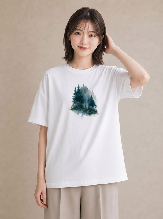 グラフィックTシャツ レディース 青の水彩 風景 ブルー ナチュラル アンティーク イラスト アート風 旅行用 海 白T