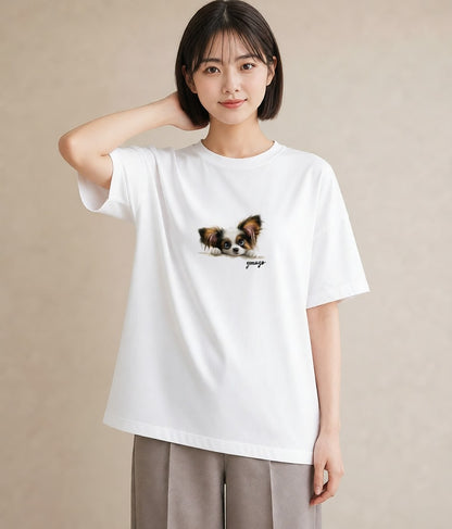 グラフィックTシャツ レディース パピヨン 犬 いぬ イラスト きれいめ ミセス 春コーデ 白T