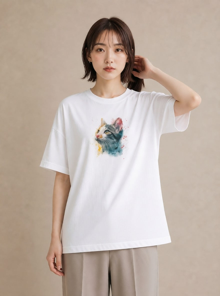 プリントTシャツ レディース ロシアンブルー 猫 ねこ イラスト ビーチ デイリーウェア 白T
