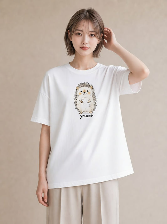 半袖Tシャツ レディース ハリネズミ ペット 動物 イラスト カジュアル 友達ギフト 部屋着 白T