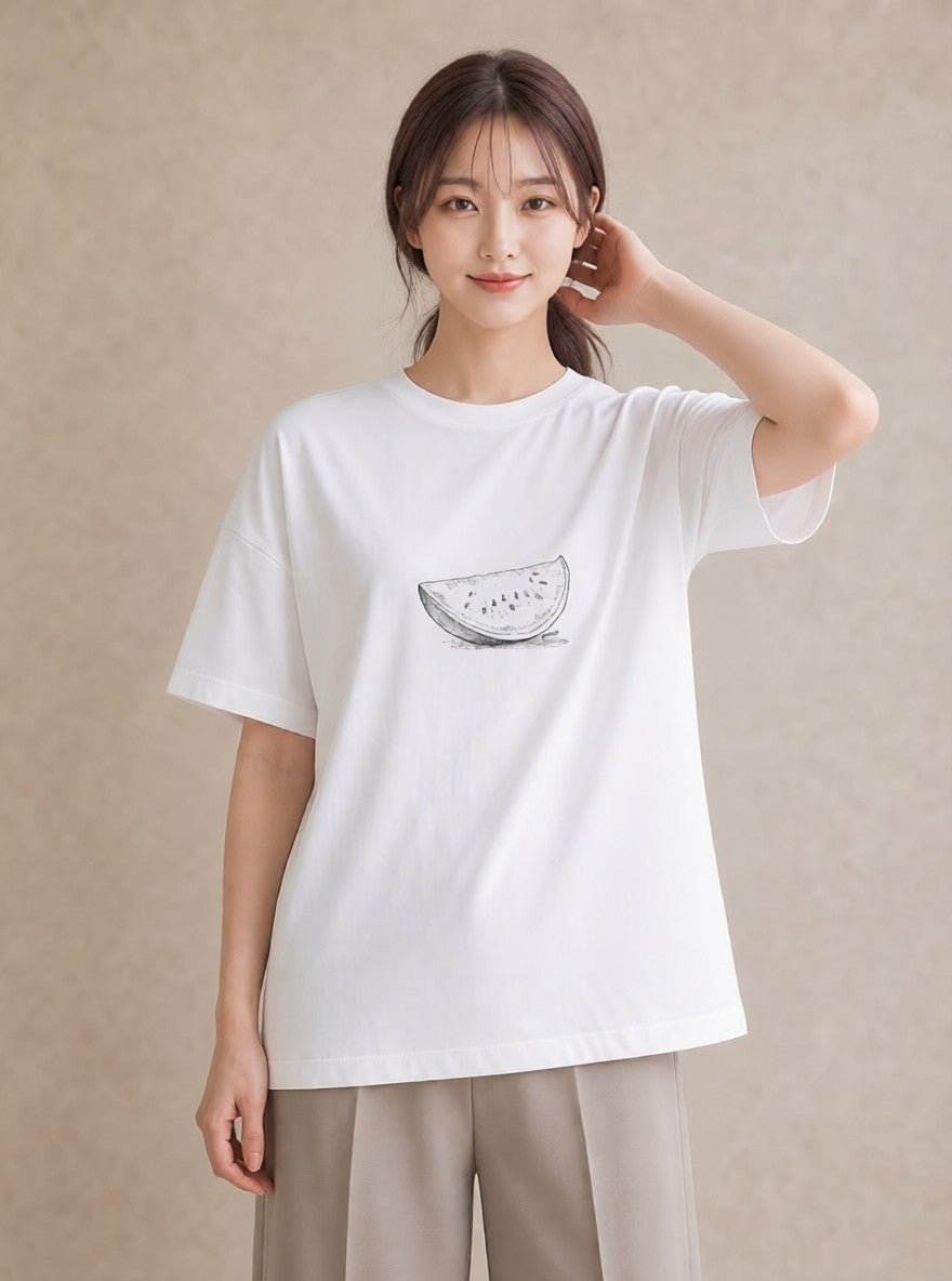 Tシャツ レディース メロン 食べ物 フード イラスト ニュアンス 母の日 ビーチ 白T