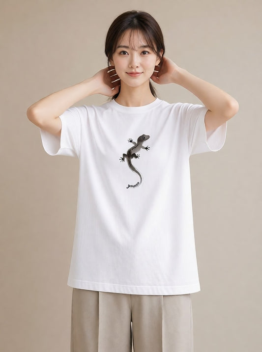 グラフィックTシャツ レディース ヤモリ ペット 動物 イラスト ラフ レイヤード 白T