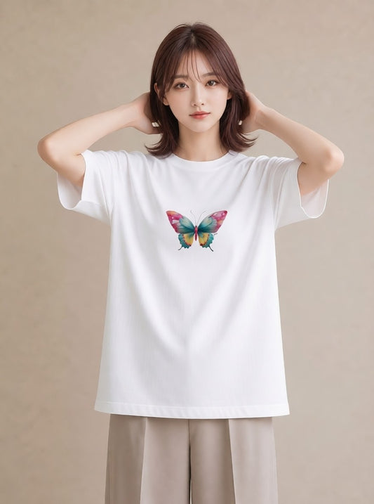デザインTシャツ レディース ちょうちょ 蝶 バタフライ 昆虫 虫 イラスト シック ビーチ デイリーウェア 白T