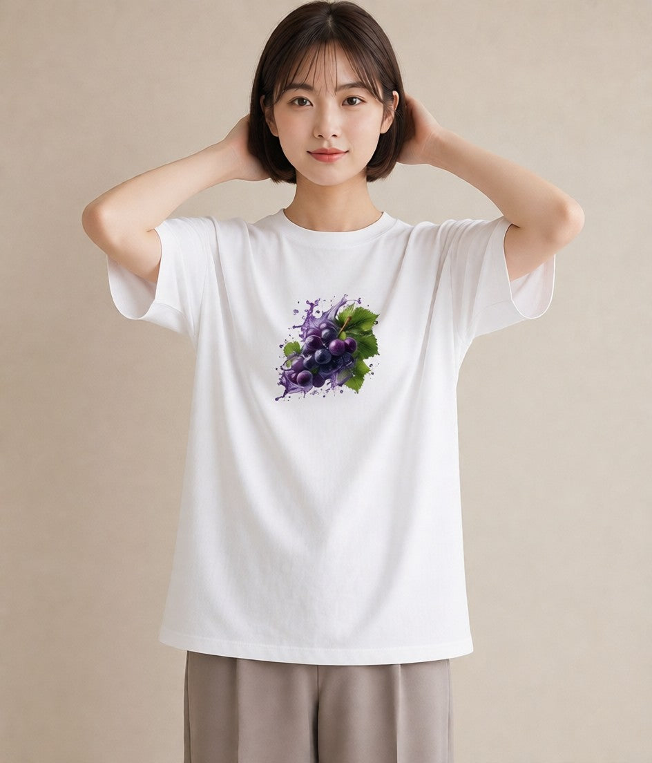 デザインTシャツ レディース ぶどう 葡萄 食べ物 フード イラスト ミニマル カフェ服 クリスマス 白T