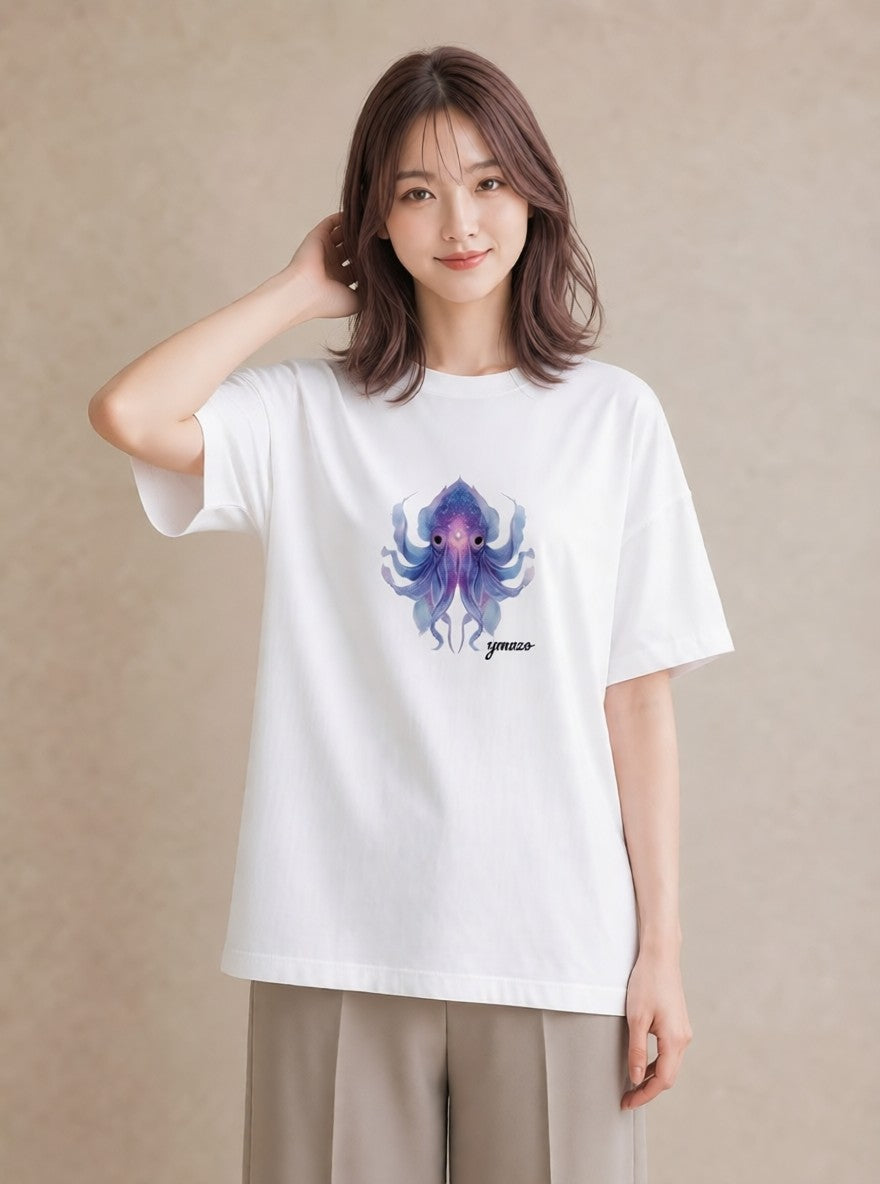 グラフィックTシャツ レディース タコ 海の生き物 海 イラスト ヴィンテージ風 ラフ レイヤード 白T