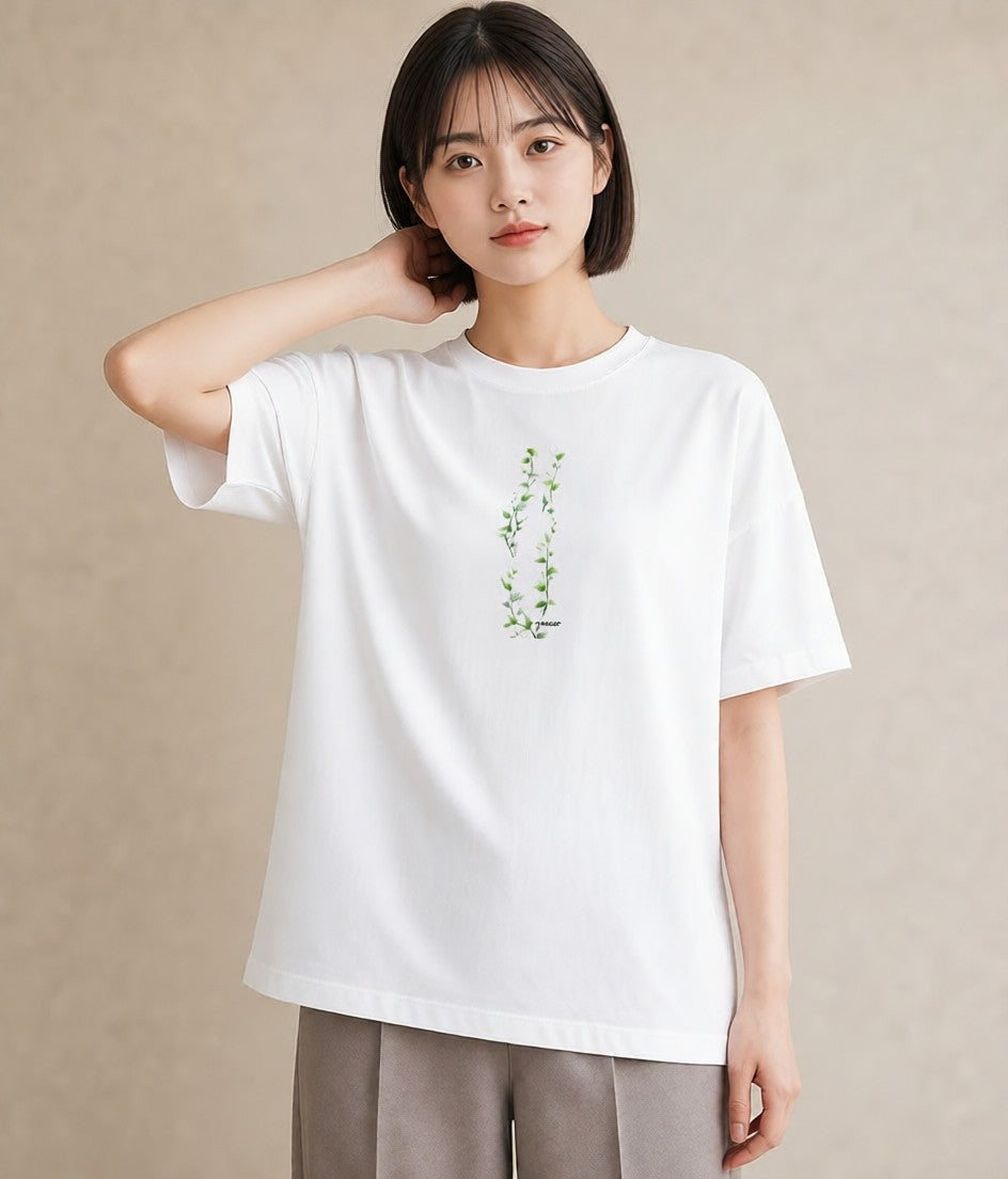 プリントTシャツ レディース 葉っぱ 植物 ボタニカル イラスト 韓国風 散歩 お出かけ 白T